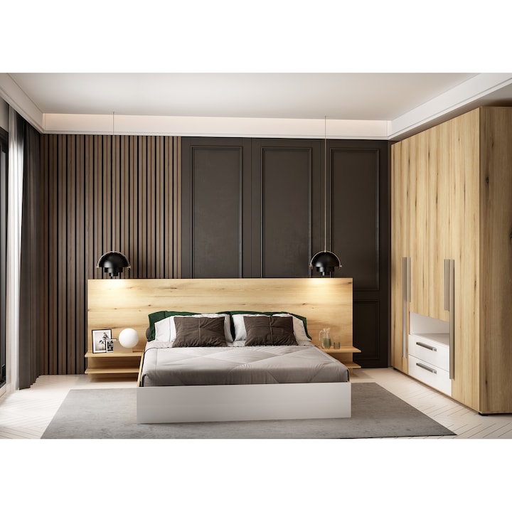 Dormitor Asaro Nesi , Pat 160x200 cm cu noptiere incluse, Dulap, Culoare Stejar/ Alb Gloss