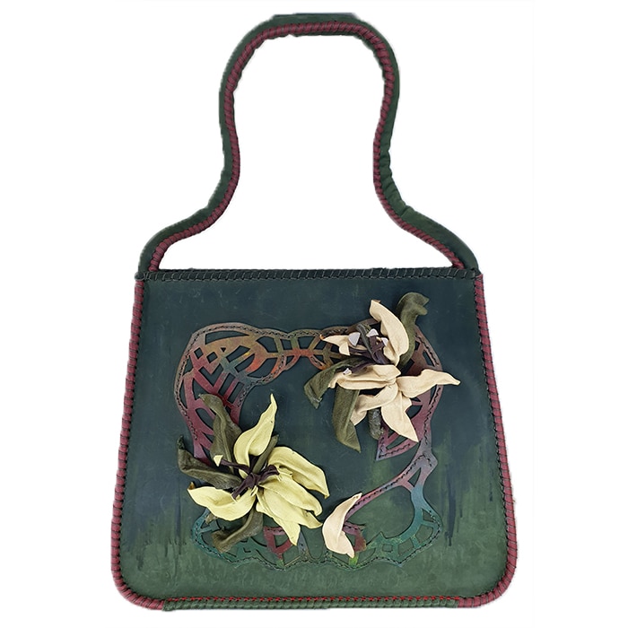 Poseta handmade din piele, culoare verde, cu decupaje florale, AG Design, dimensiune 33/28/9.5 cm