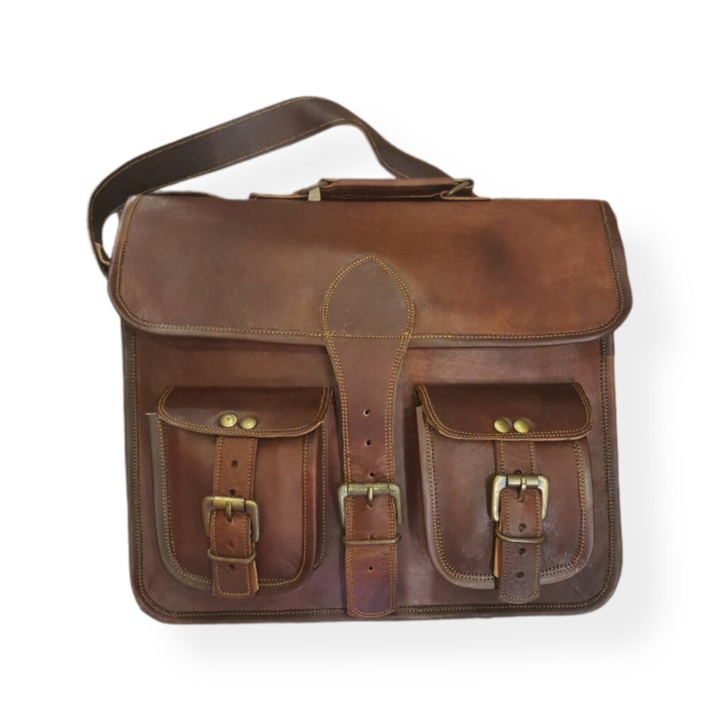 Geanta cu bareta ajustabila, cu doua buzunare exterioare, maner, Sadhana, Piele naturala, culoare camel