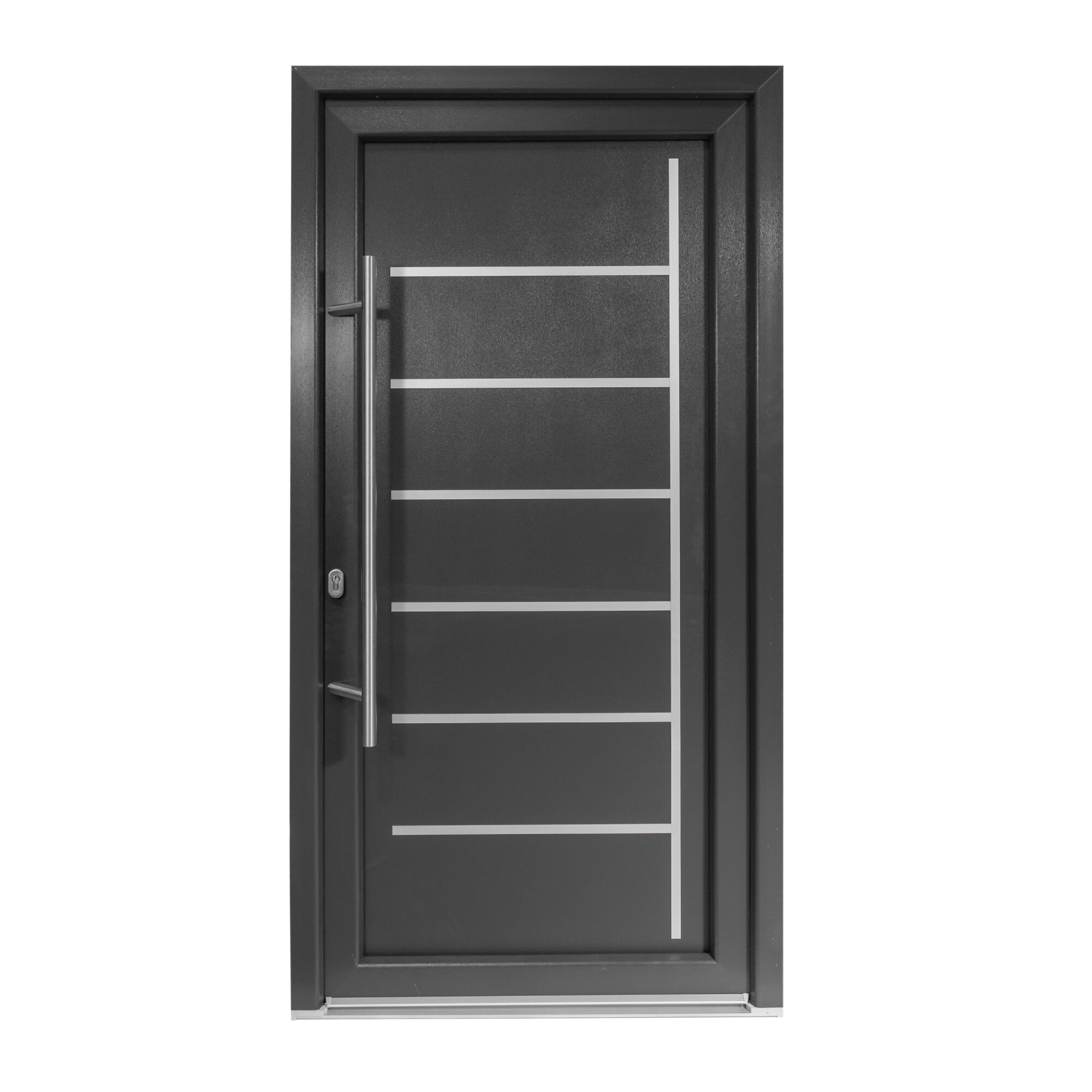 Usa intrare PVC Zeta, 5 camere izolare, 1000x2000 mm, deschidere stanga privit din interior, maner spatial la exterior, antracit pe ambele fete
