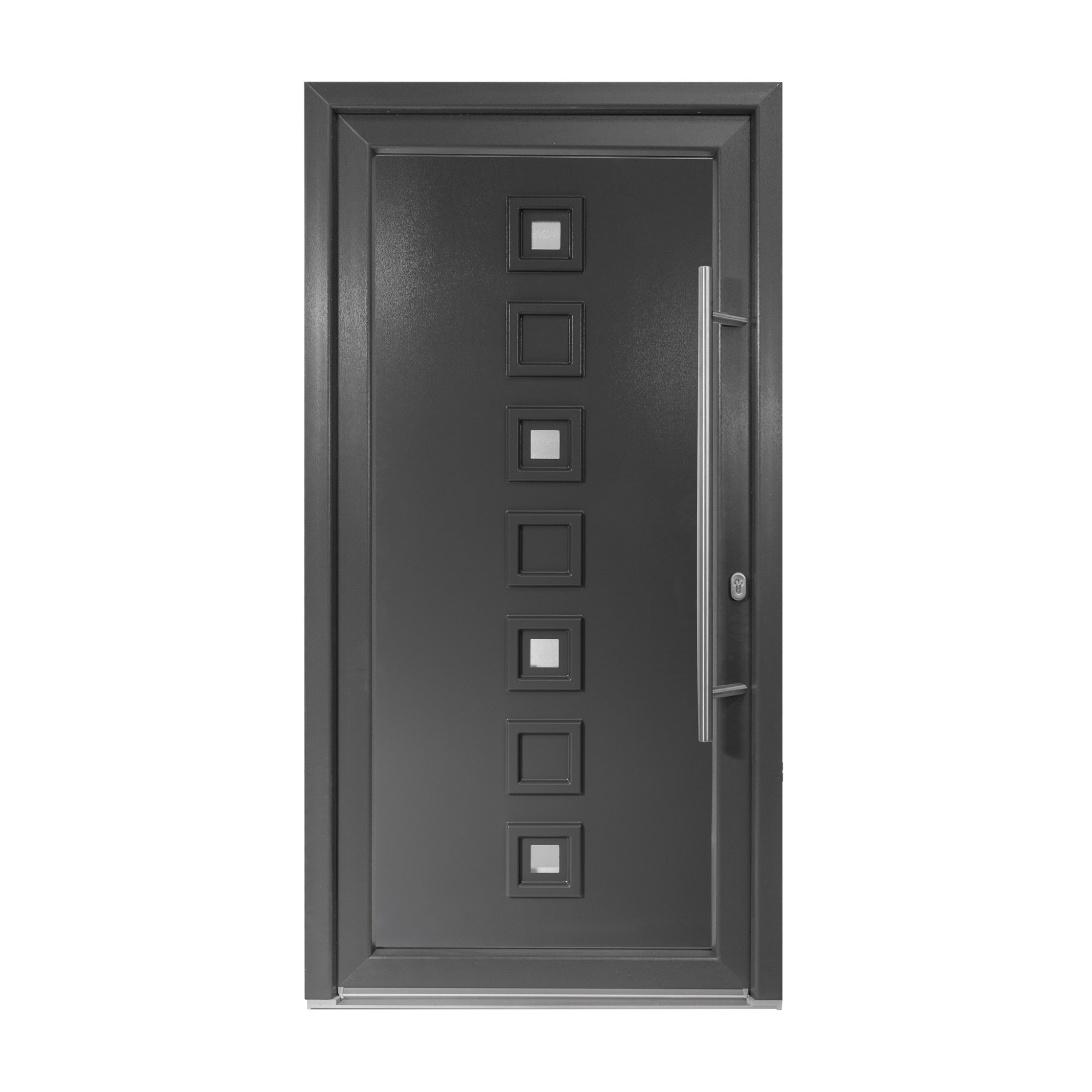 Usa intrare PVC Lola, 5 camere izolare, 1000x2000 mm, deschidere dreapta privit din interior, maner spatial la exterior, alb interior/antracit exterior