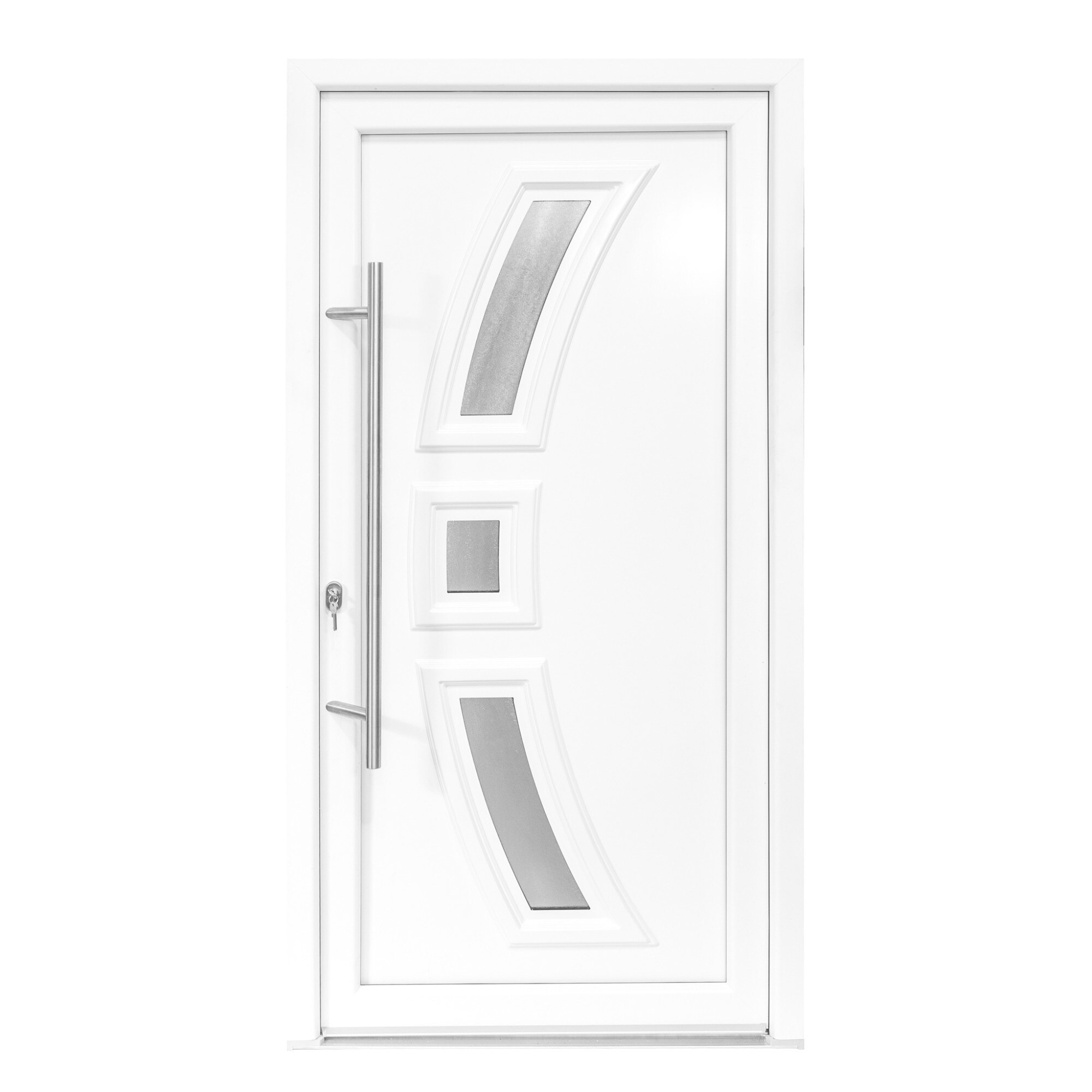 Usa intrare PVC Affa, 5 camere izolare, 1000x2000 mm, deschidere stanga privit din interior, maner spatial la exterior, alb