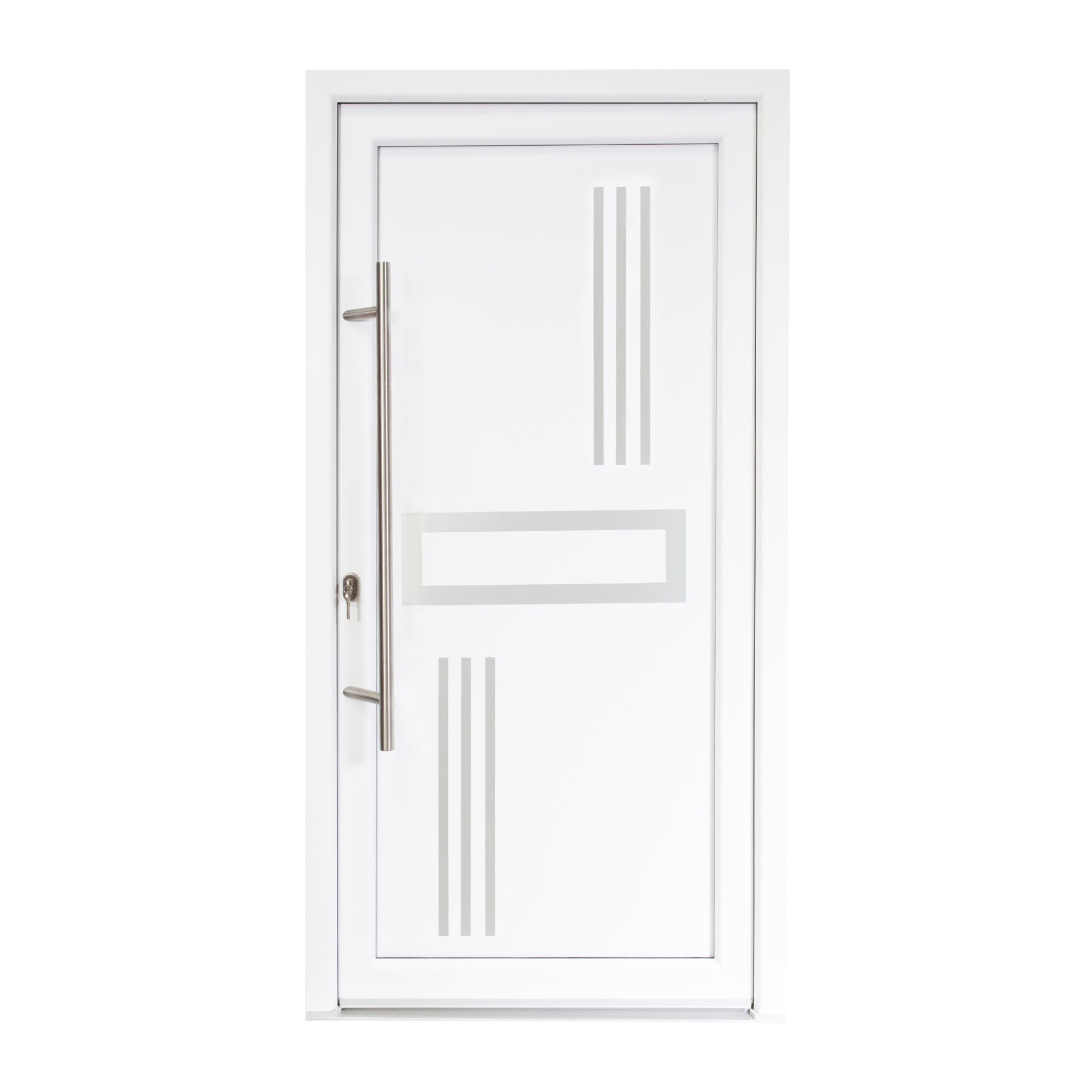 Usa intrare PVC Alon, 5 camere izolare, 1000x2000 mm, deschidere stanga privit din interior, maner spatial la exterior, alb