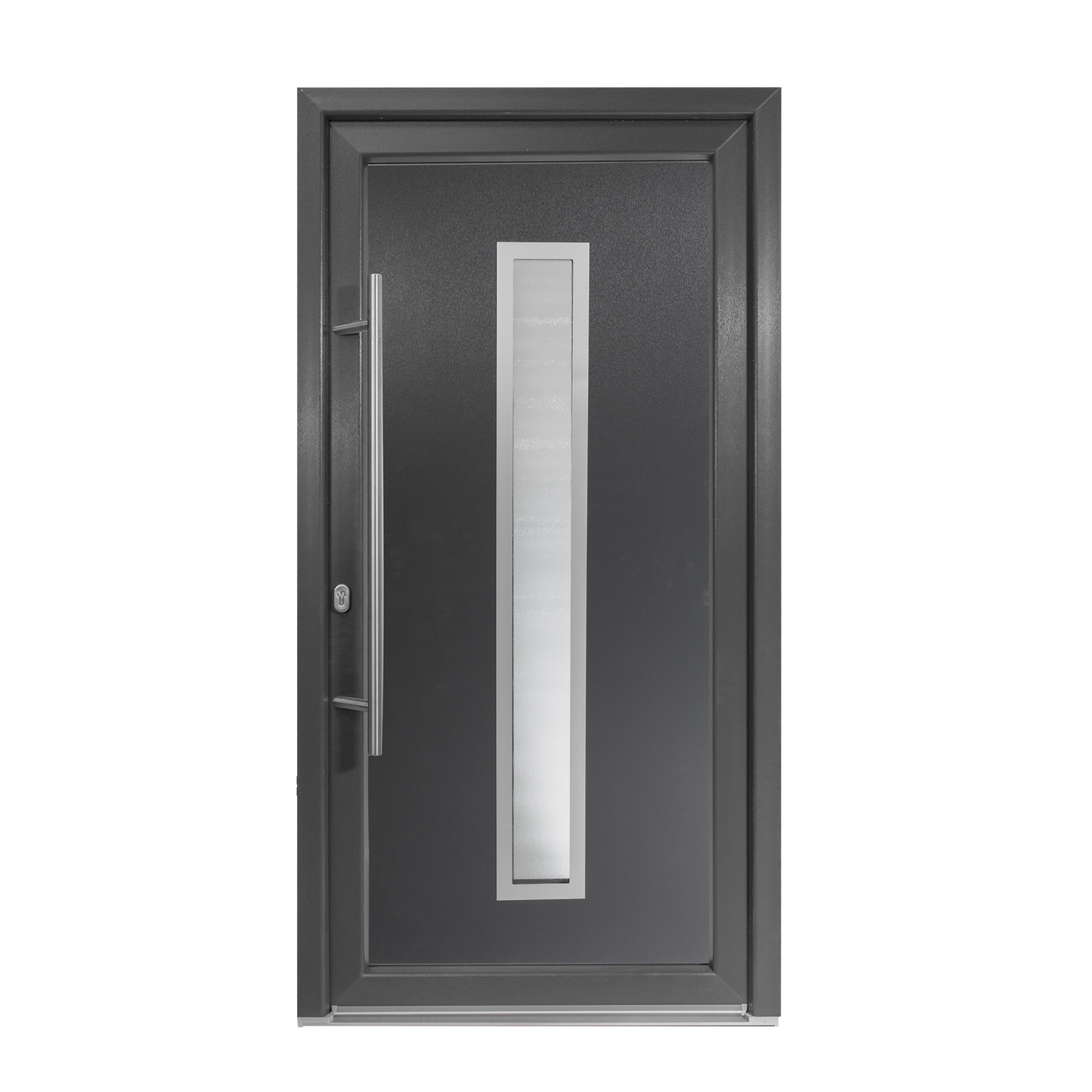 Usa intrare PVC Serena, 5 camere izolare, 1000x2000 mm, deschidere stanga privit din interior, maner spatial la exterior, alb interior/antracit exterior