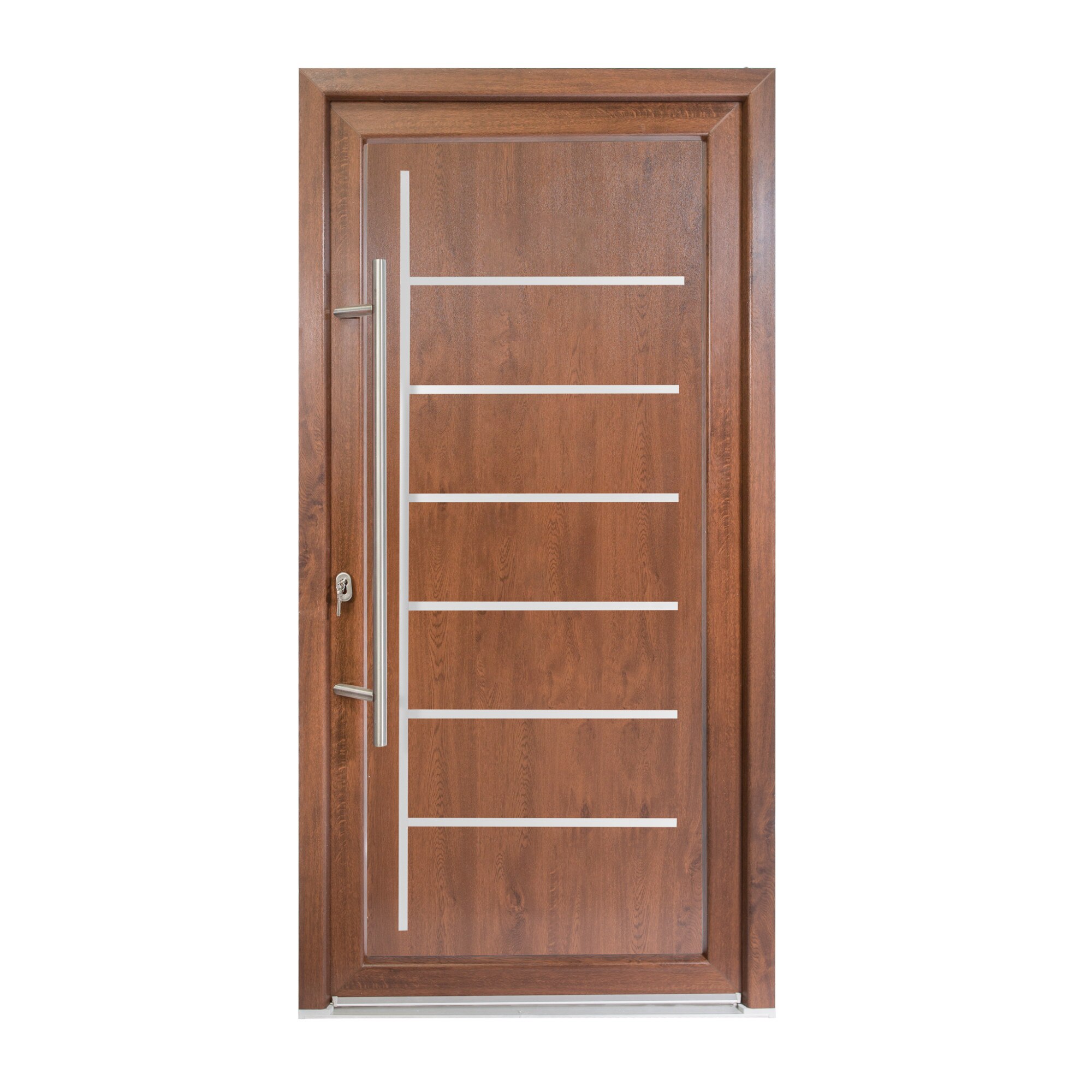 Usa intrare PVC Zeta, 5 camere izolare, 1000x2000 mm, deschidere stanga privit din interior, maner spatial la exterior, alb interior/nuc exterior