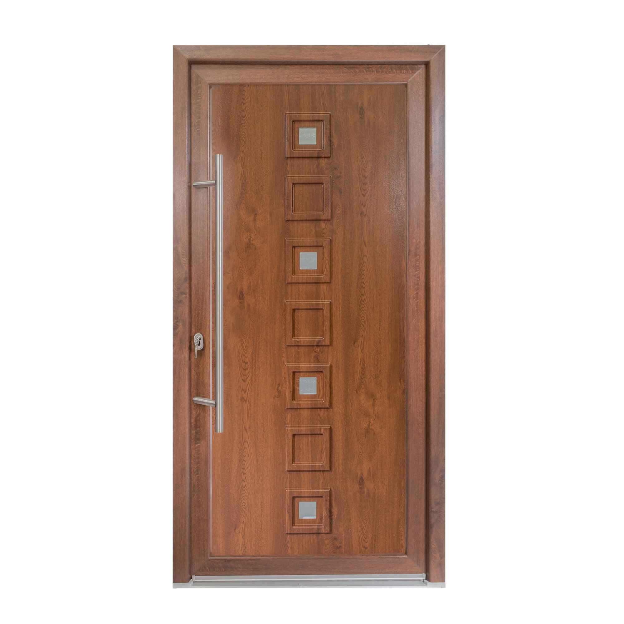 Usa intrare PVC Lola, 5 camere izolare, 1000x2000 mm, deschidere stanga privit din interior, maner spatial la exterior, alb interior/nuc exterior