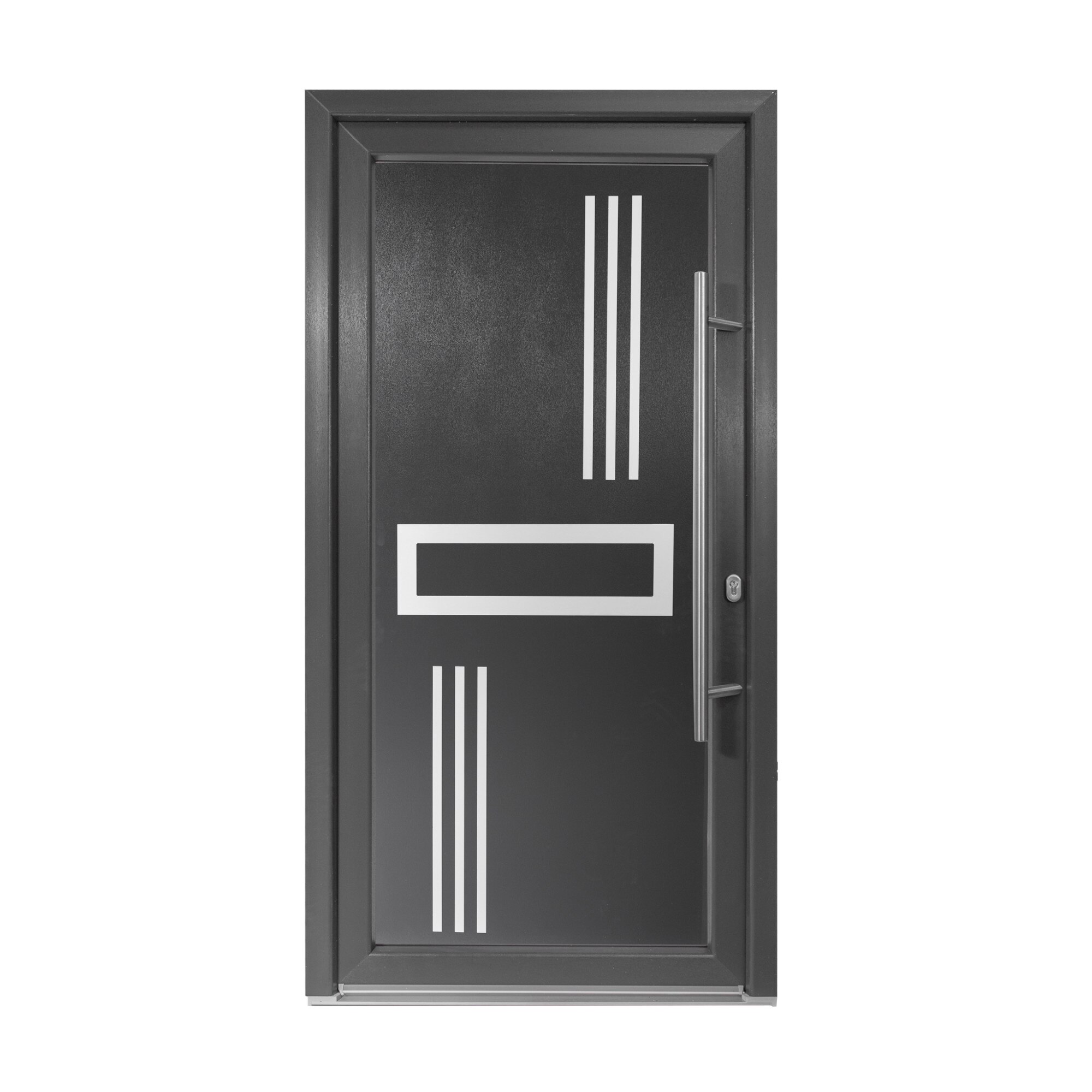 Usa intrare PVC Alon, 5 camere izolare, 1000x2000 mm, deschidere dreapta privit din interior, maner spatial la exterior, alb interior/antracit exterior