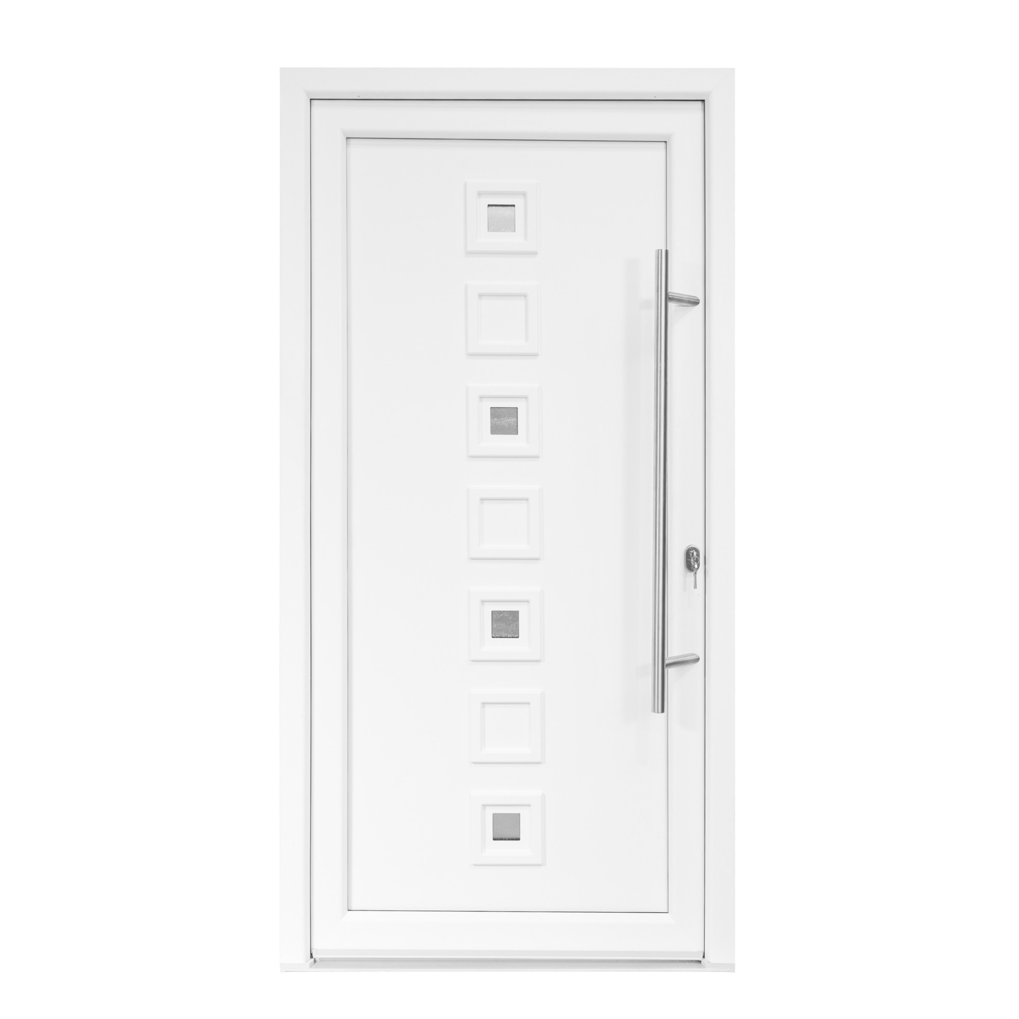 Usa intrare PVC Lola, 5 camere izolare, 1000x2000 mm, deschidere dreapta privit din interior, maner spatial la exterior, alb