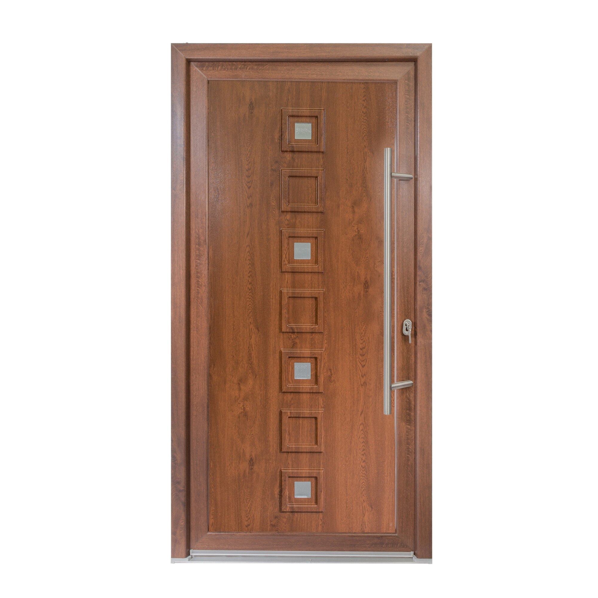 Usa intrare PVC Lola, 5 camere izolare, 1000x2000 mm, deschidere dreapta privit din interior, maner spatial la exterior, alb interior/nuc exterior