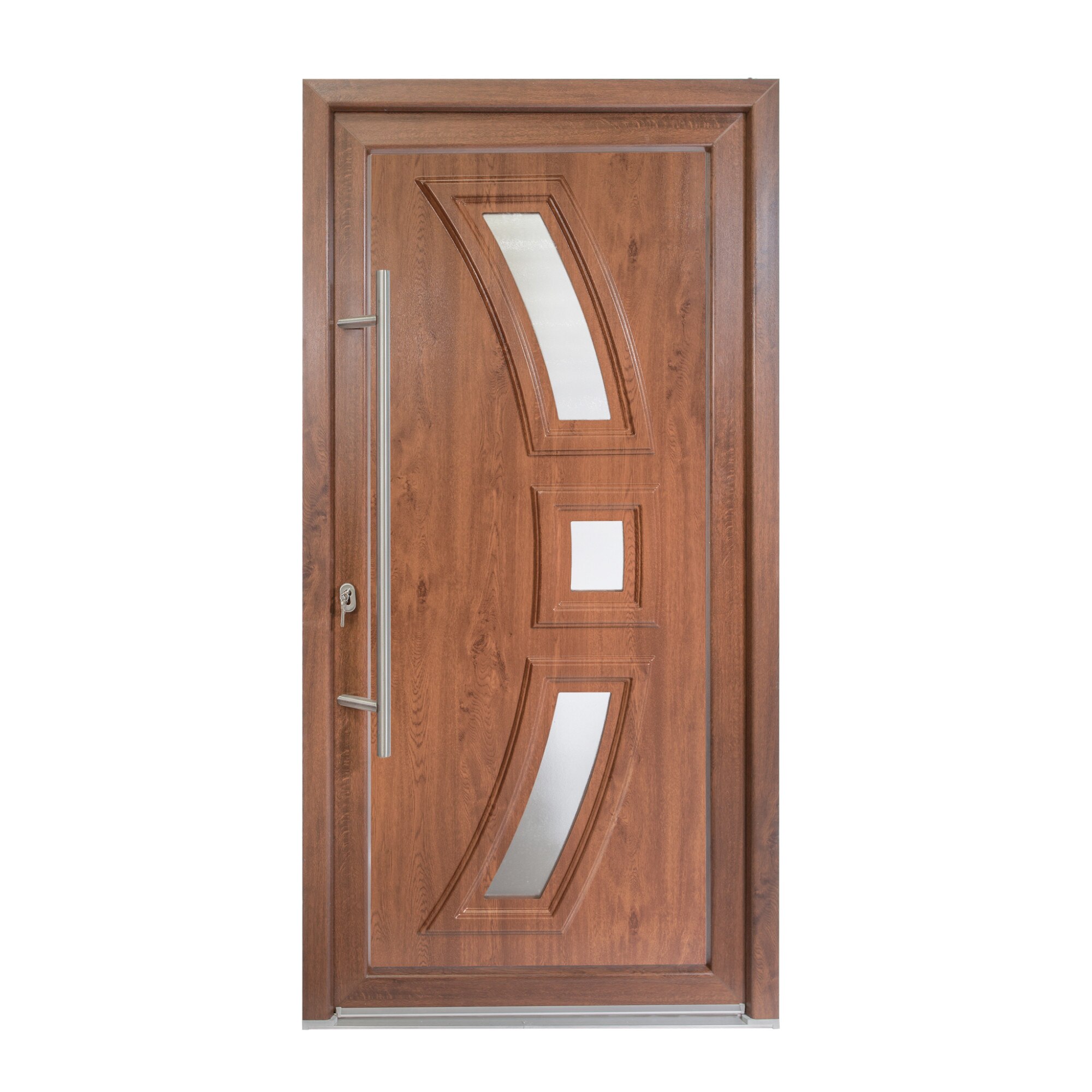 Usa intrare PVC Affa, 5 camere izolare, 1000x2000 mm, deschidere stanga privit din interior, maner spatial la exterior, alb interior/nuc exterior