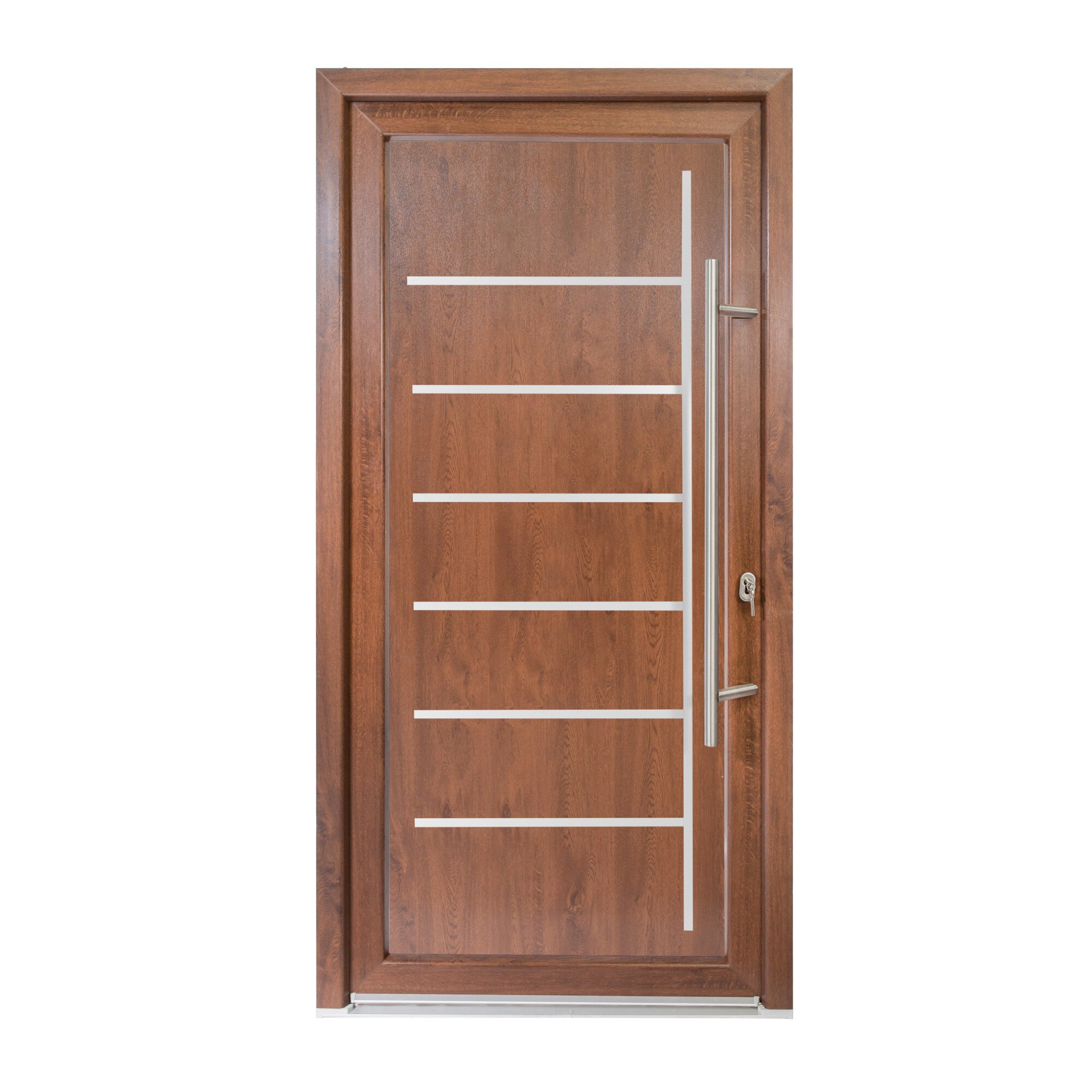 Usa intrare PVC Zeta, 5 camere izolare, 1000x2000 mm, deschidere dreapta privit din interior, maner spatial la exterior, nuc pe ambele fete