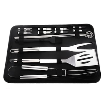 Set 16 unelte pentru gratar BOMSTOM, Otel inoxidabil, Negru/ Argintiu Set 16 unelte pentru gratar BOMSTOM, Otel inoxidabil, Negru/ Argintiu