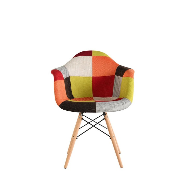 Scaun cu brate design Shell, model patchwork orange, sezut tapitat textil, picioare lemn