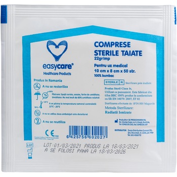 Comprese sterile din tifon, bumbac 100%, EASYCARE, taiate 22gr/mp, 10x8cm x 50 str/plic Comprese sterile din tifon, bumbac 100%, EASYCARE, taiate 22gr/mp, 10x8cm x 50 str/plic