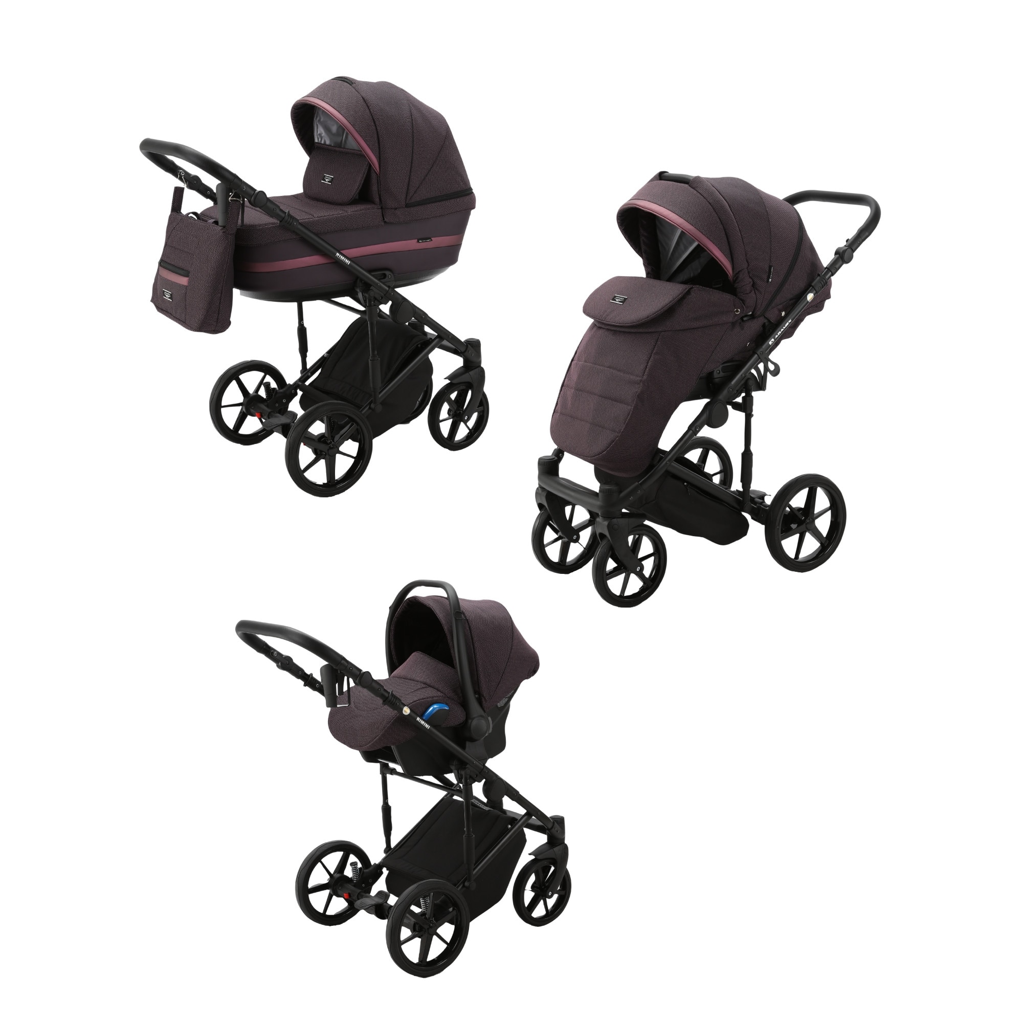Carucior 3 in 1 ADAMEX RIMINI ALU, LUX Collection, Linen & EcoLeather RY45, Frozen Raspberry