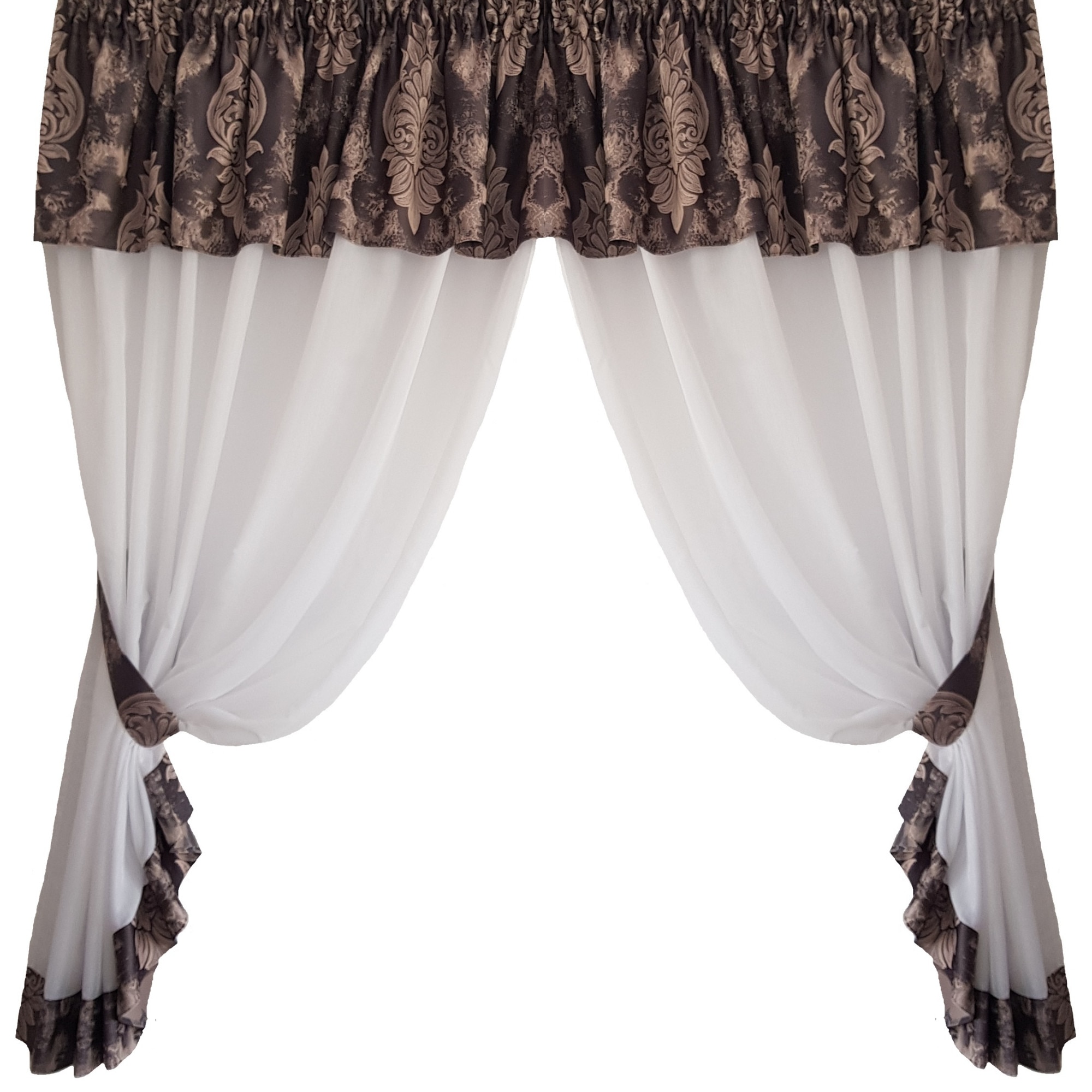 Perdea Decorint confectionata (PB.578), Alb, model baroc gri mov, 300 x 150