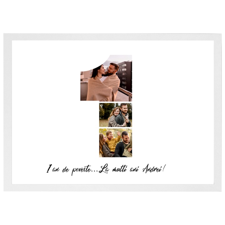 Tablou personalizat, fotografie si text, din lemn, Priti Global, cadou aniversare 1 an, Alb, A3, 30 x 42