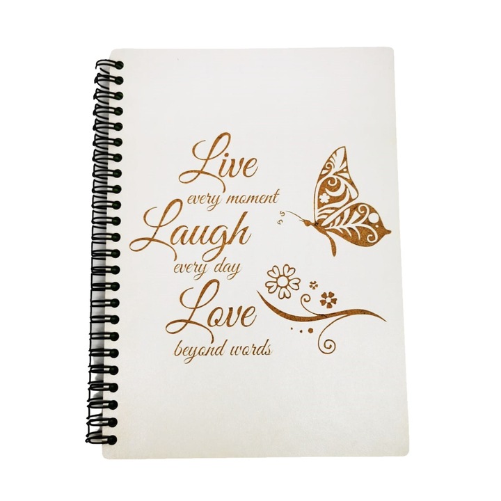Agenda de lemn gravata cu mesaj "Live every moment", Alb