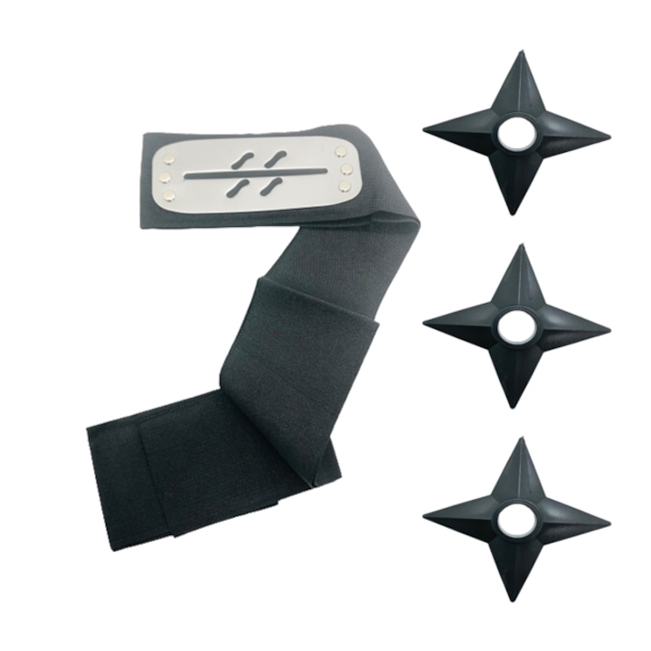 Set Bandana Naruto, Simbolul Ceatii, Scratch, 90 cm, si 3 Shuriken Ninja din plastic, Negru, Shop Like A Pro®