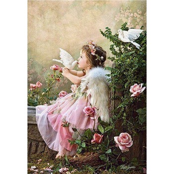 Set pictura Goblen, Tablou cu rama de lemn 008, Fetita cu porumbelul, Pictura cu Diamante, Goblen cu pietre 5D, 40 x 50 cm - Krista® Set pictura Goblen, Tablou cu rama de lemn 008, Fetita cu porumbelul, Pictura cu Diamante, Goblen cu pietre 5D, 40 x 50 cm - Krista®