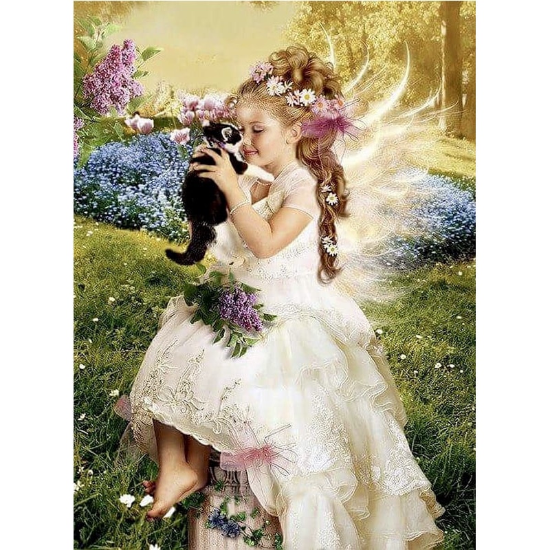 Set pictura Goblen, Tablou cu rama de lemn 003, Fetita cu pisica, Pictura cu Diamante, Goblen cu pietre 5D, 40 x 50 cm - Krista®
