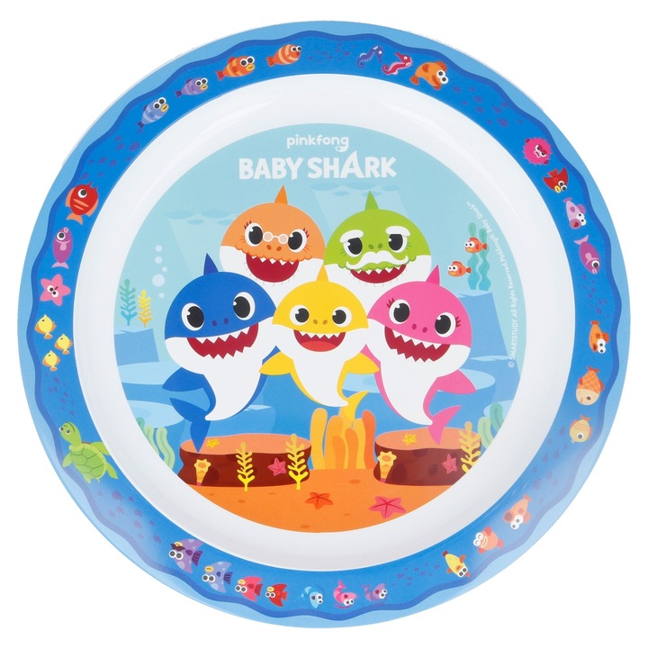 Baby Shark műanyag tányér gyerekeknek, 22 cm átmérőjű, mikrohullámmal kompatibilis