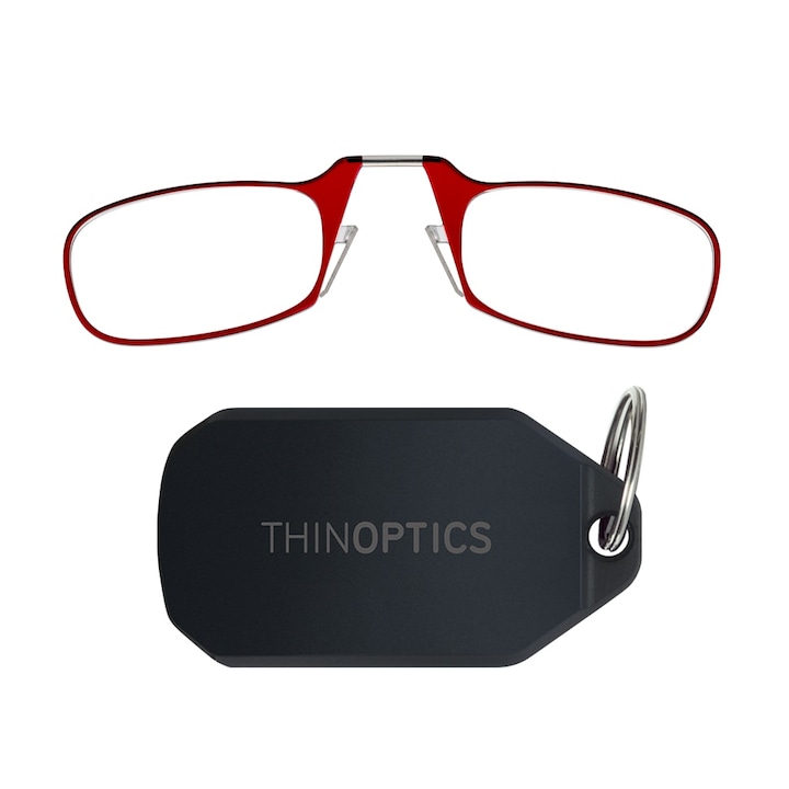 ThinOptics +2.50, Olvasó szemüveg, pánt nelkűli, nagyon kőnnyű szeműveg, fekete kulcstartó tokkal, kulcstartóval, pirós keret