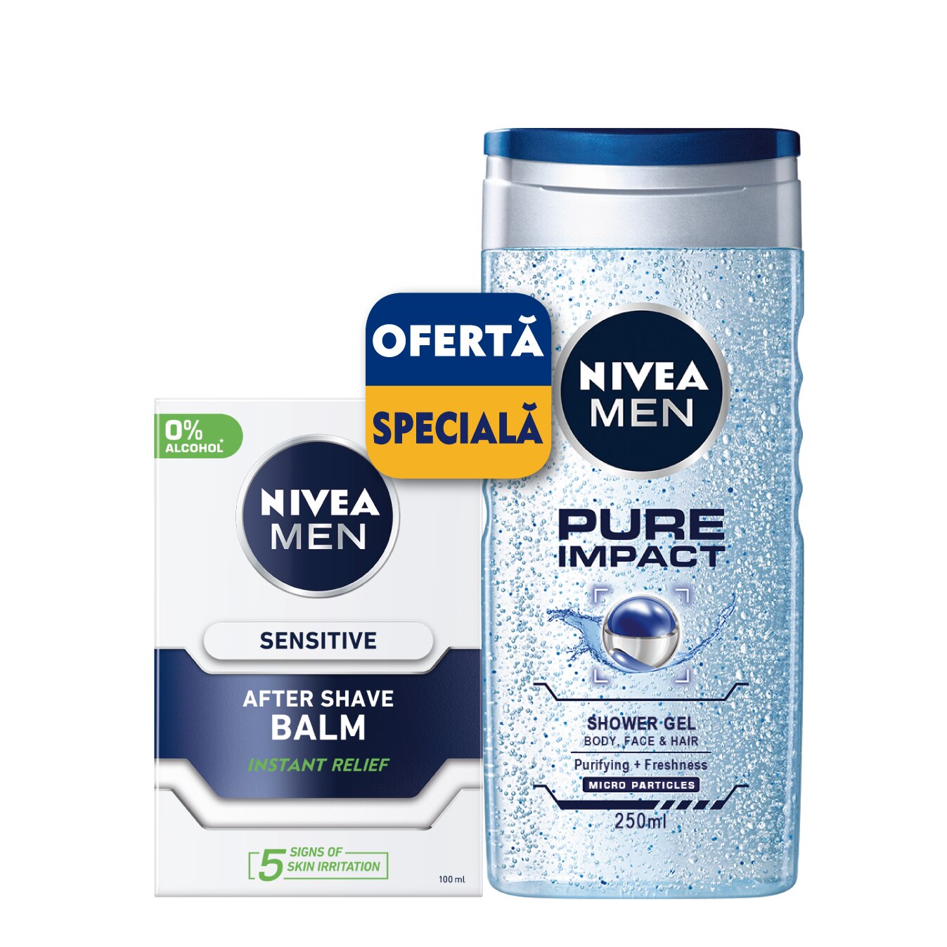 Set cadou: Balsam After Shave Nivea Men Sensitive, 100 ml + Gel de dus Nivea Men Pure Impact, 250 ml