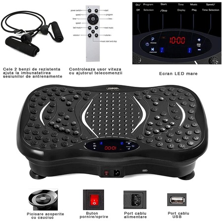 Aparat vibromasaj, GO4FIT, model GF1000, platforma vibratii cu 2 benzi de rezistenta fitness , greutate maxim admisa 120 kg, putere 200 W, telecomanda inclusa, negru