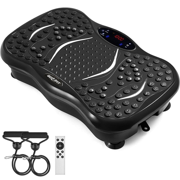 Aparat vibromasaj, GO4FIT, model GF1000, platforma vibratii cu 2 benzi de rezistenta fitness, greutate maxim admisa 120 kg, putere 200 W, telecomanda inclusa, negru