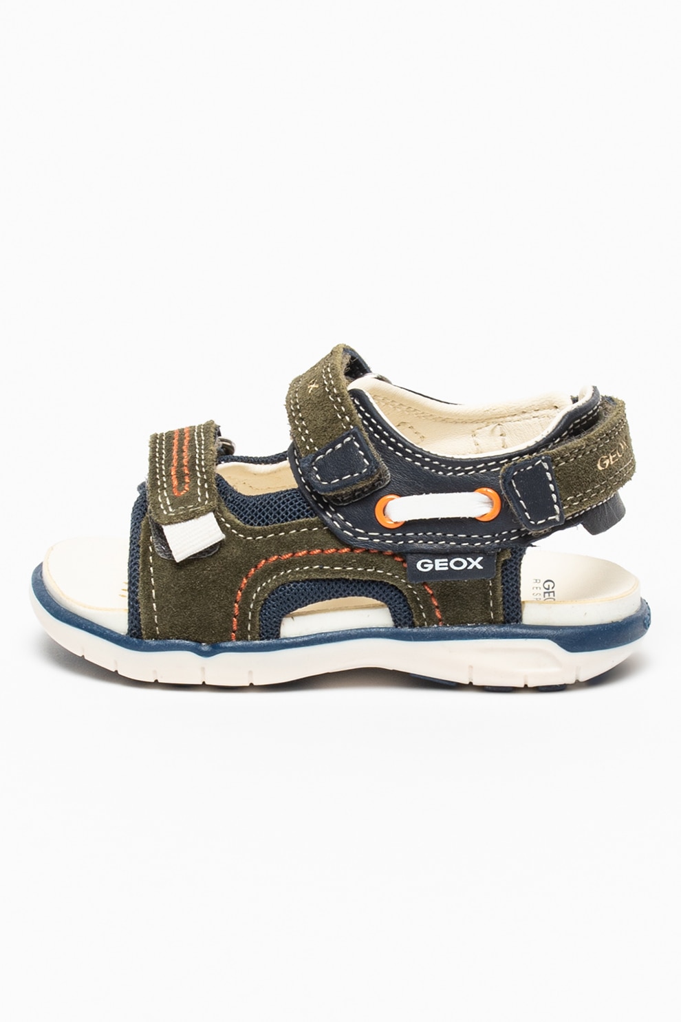 Geox, Sandale de piele intoarsa cu velcro si logo Delhi, VERDE/BLEUMARIN