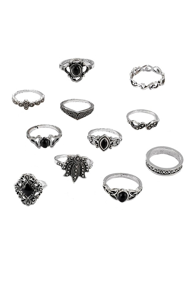 Set 11 inele etnice, cu lotus, flori si margele negre Argintiu