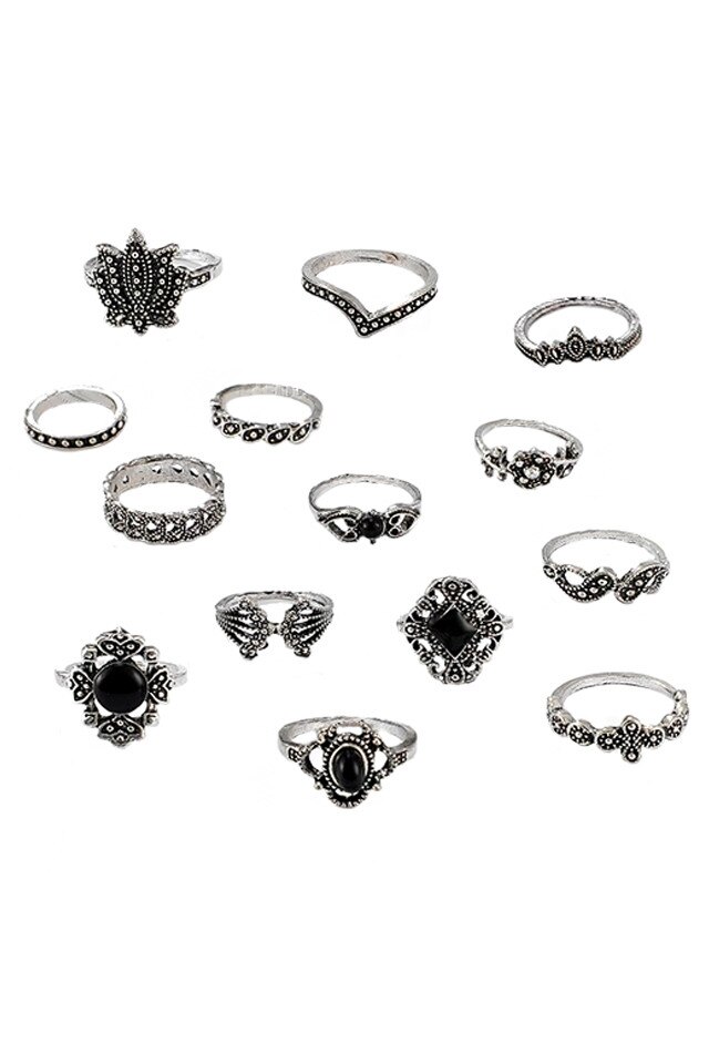 Set 14 inele indiene, cu lotus, flori si margele negre Argintiu