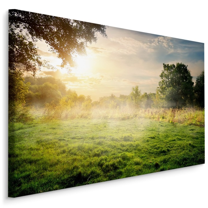 Tablou pe Panza POIANA Verde Peisaj 90cm x 60cm Soare, Efect 3D, Natura, Design modern, Living