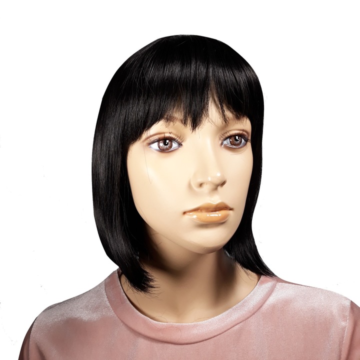 Peruca dama, fibra sintetica, cu aspect natural, negru , bob ,cu breton
