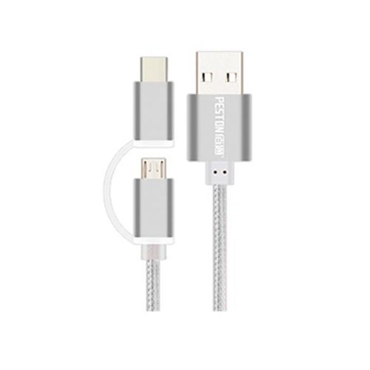 Töltőkábel, PESTON, 2in1, TYPE-C/MICRO-USB Sync, 1m, Ezüst