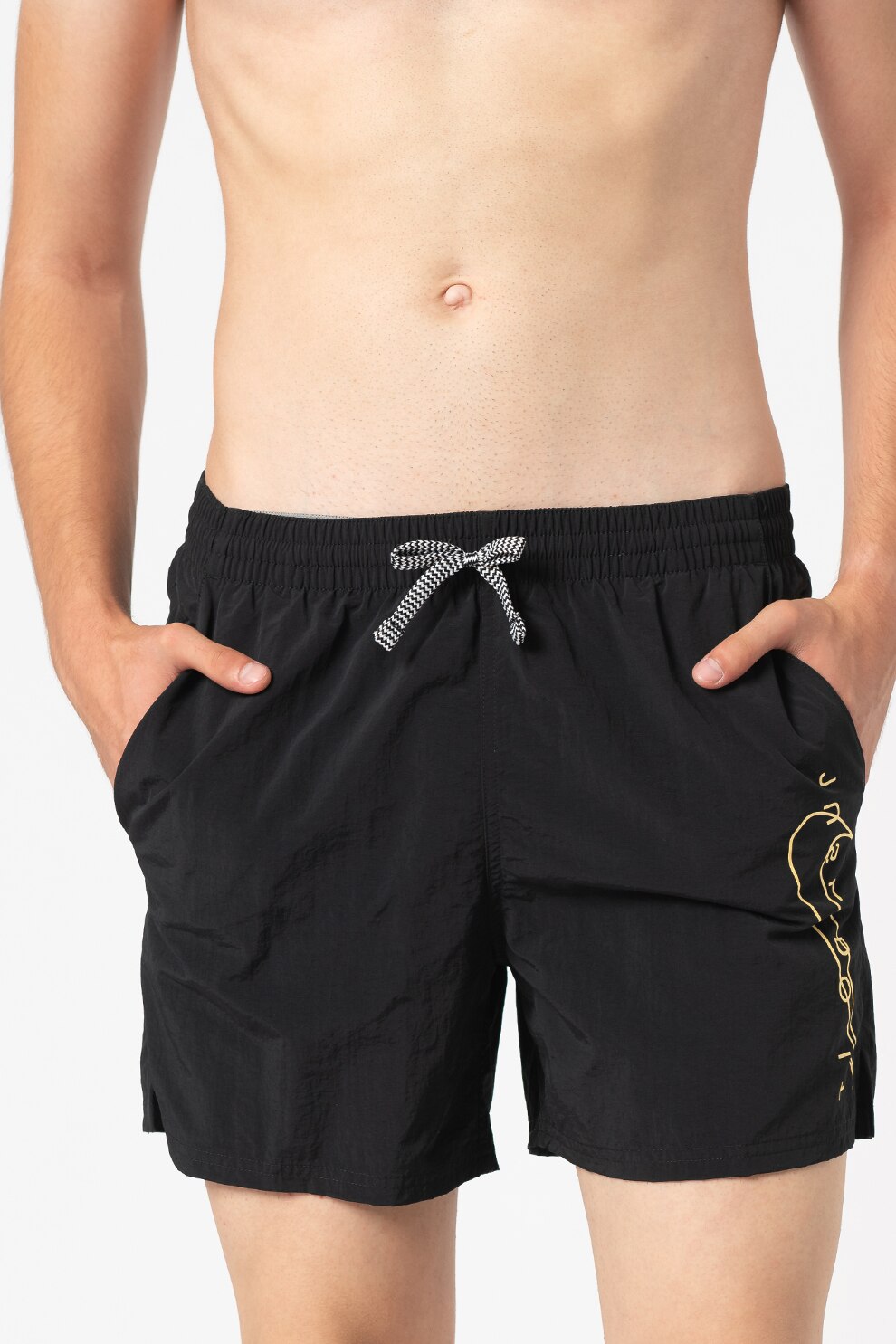 Nike, Pantaloni scurti de baie cu imprimeu logo si snur de ajustare in talie, Negru