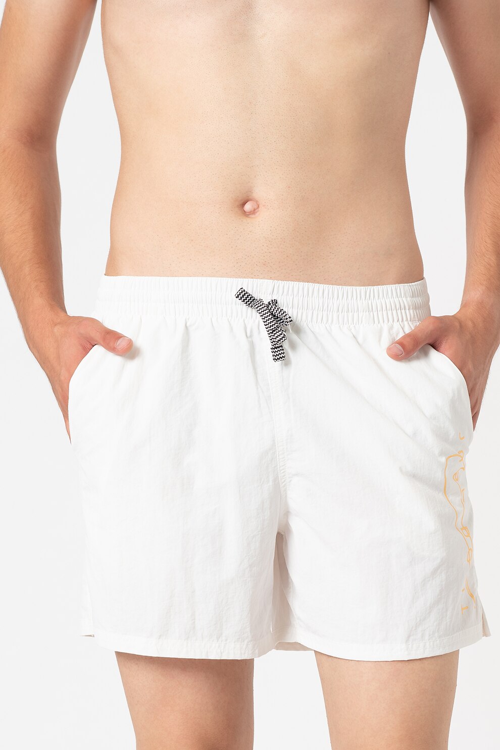 Nike, Pantaloni scurti de baie cu imprimeu logo si snur de ajustare in talie, Alb
