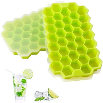 Set 2 tavi din silicon pentru cuburi de gheata AMTMBS, forma hexagon, fara BPA, 37 cuburi, Verde Set 2 tavi din silicon pentru cuburi de gheata AMTMBS, forma hexagon, fara BPA, 37 cuburi, Verde