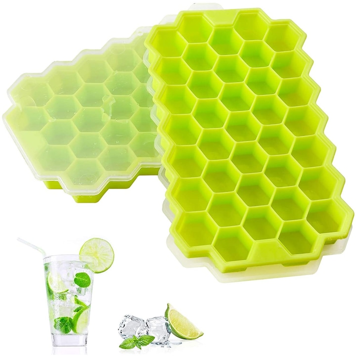 Set 2 tavi din silicon pentru cuburi de gheata AMTMBS, forma hexagon, fara BPA, 37 cuburi, Verde