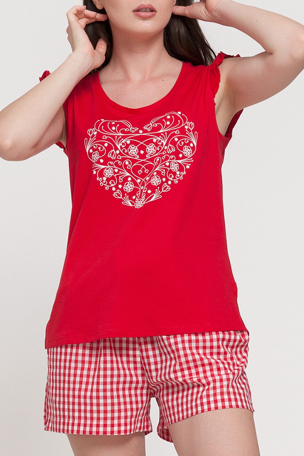 Sofiaman, Pijama de bumbac cu tricou cu imprimeu Esentiale, Rosu/Alb