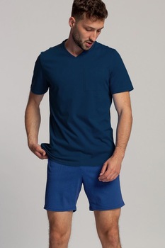Sofiaman, Pijama de bumbac organic cu pantaloni scurti si model in dungi Blue, Bleumarin Sofiaman, Pijama de bumbac organic cu pantaloni scurti si model in dungi Blue, Bleumarin
