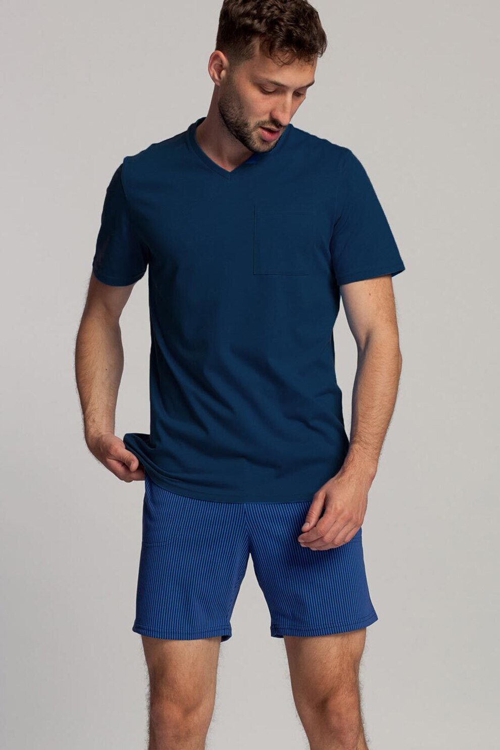 Sofiaman, Pijama de bumbac organic cu pantaloni scurti si model in dungi Blue, Bleumarin