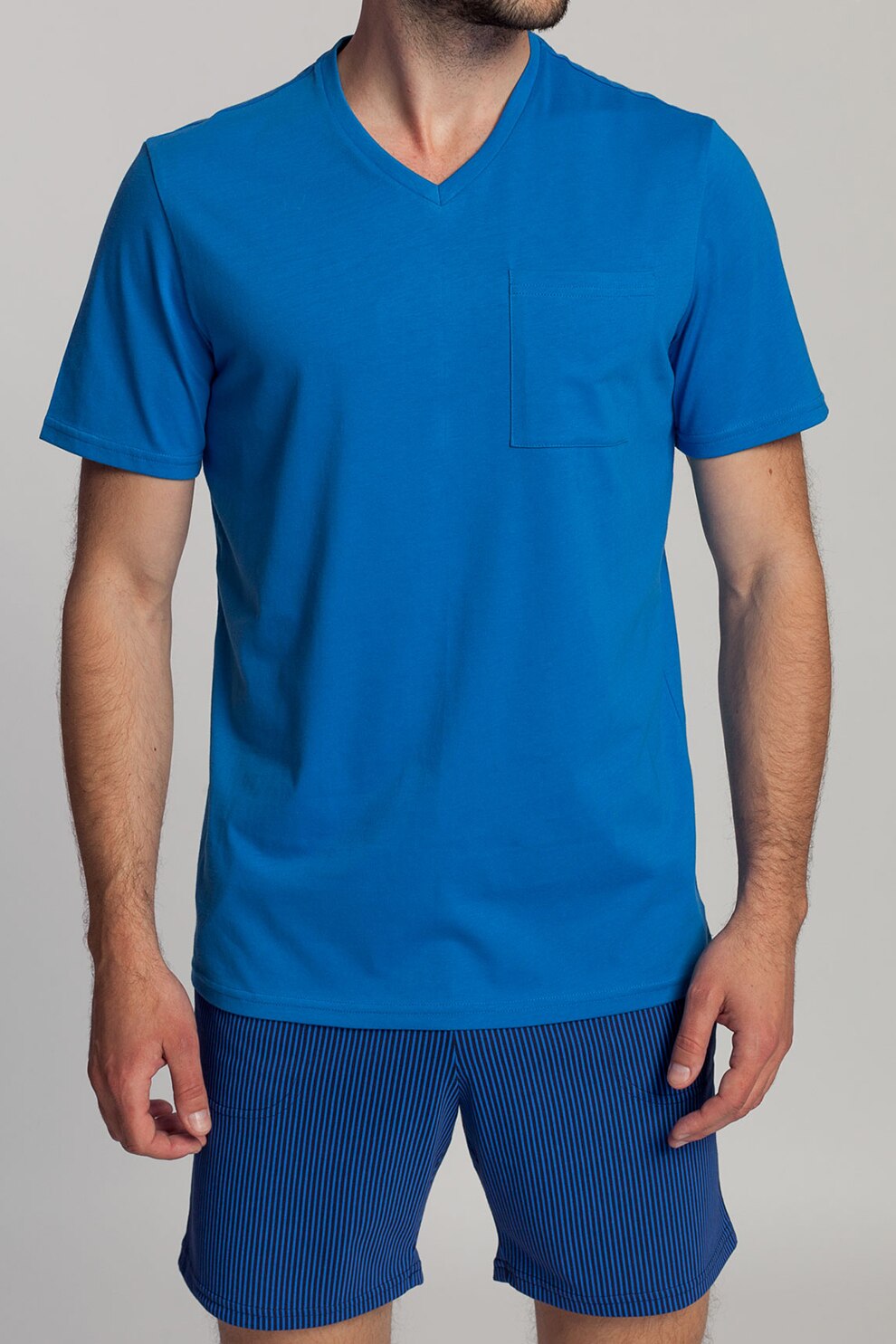 Sofiaman, Pijama de bumbac organic cu pantaloni scurti si model in dungi Blue, Albastru royal