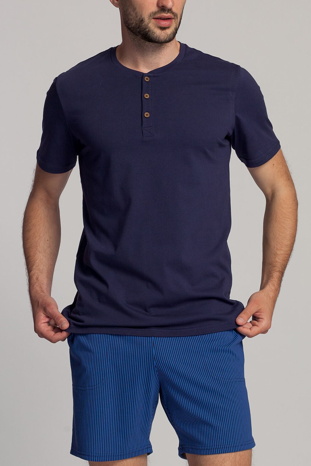 Sofiaman, Pijama de bumbac organic cu pantaloni scurti si model in dungi Blue, Bleumarin