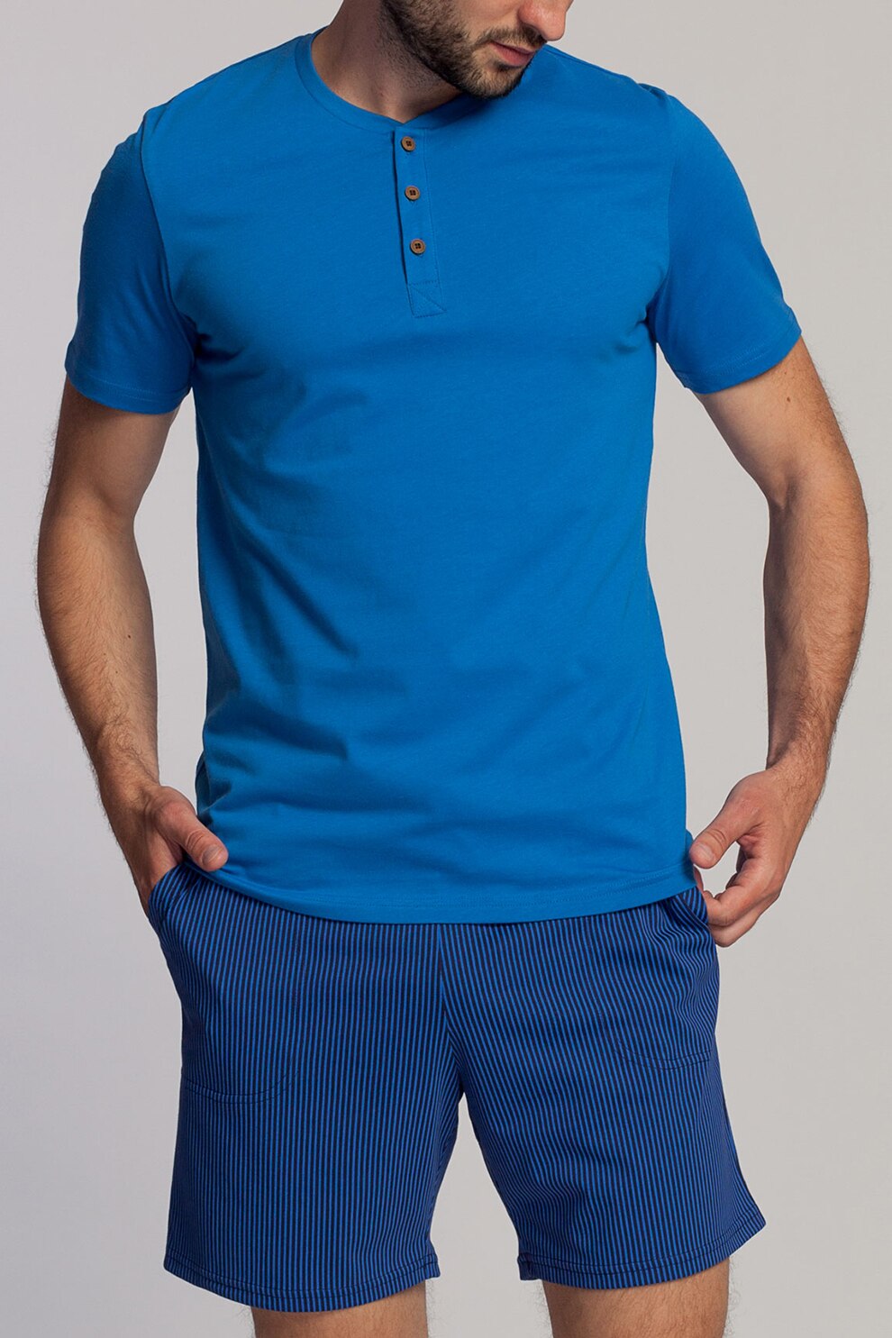 Sofiaman, Pijama de bumbac organic cu pantaloni scurti si model in dungi Blue, Albastru