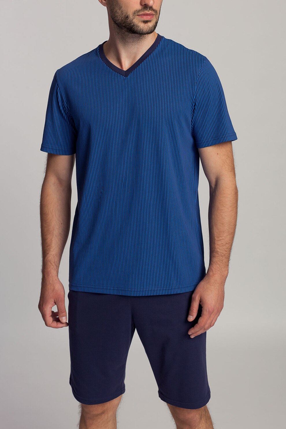 Sofiaman, Pijama de bumbac organic cu pantaloni scurti si model in dungi Blue, Albastru/Bleumarin