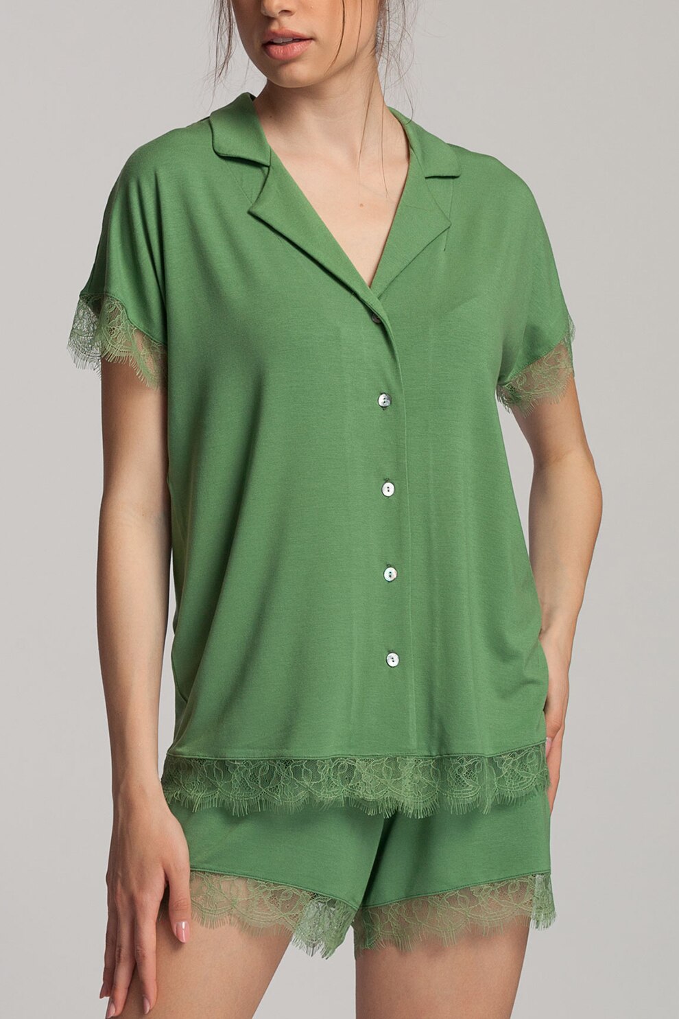 Sofiaman, Pijama cu pantaloni scurti, din amestec de modal, cu dantela Cozy, Kaki