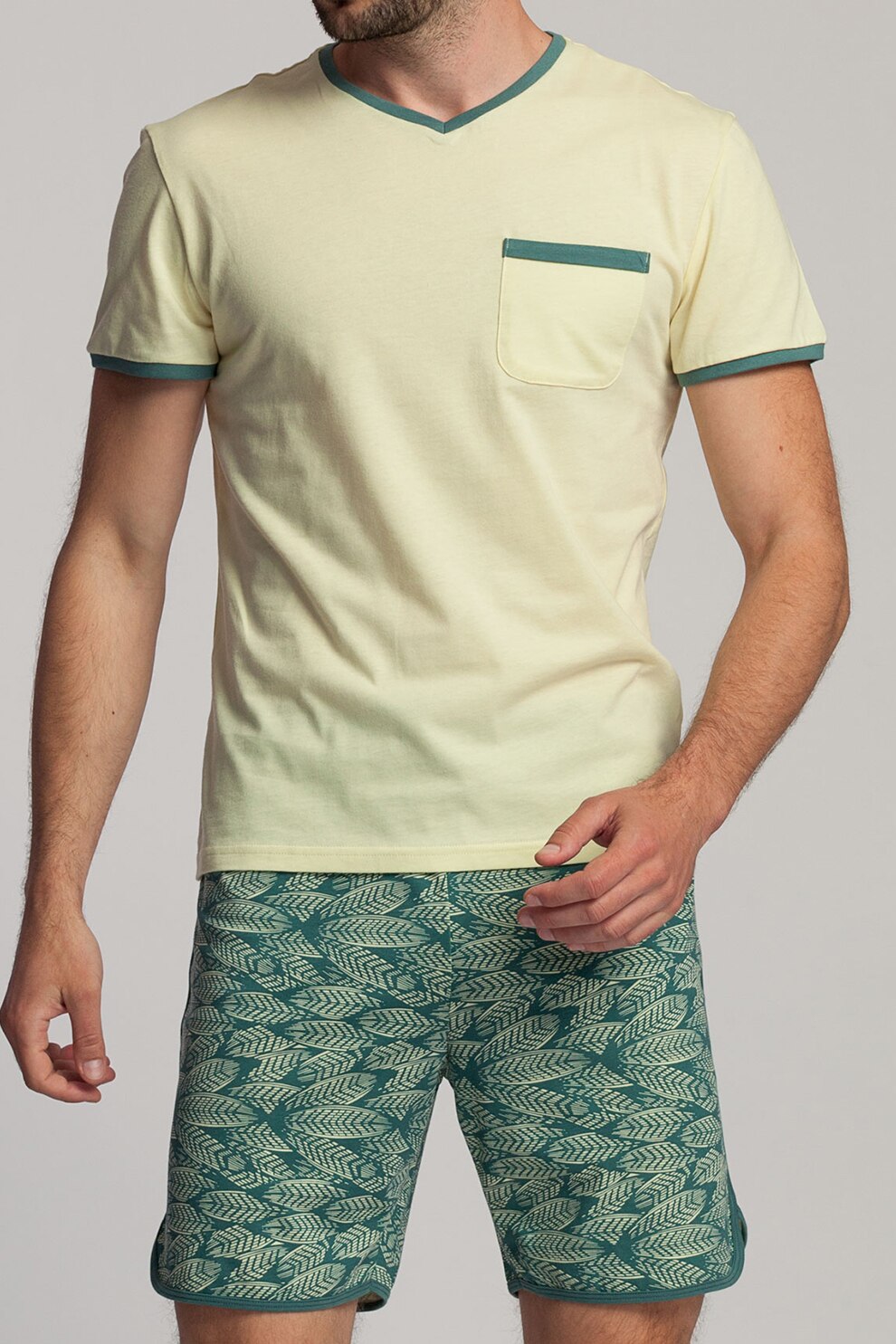 Sofiaman, Pijama scurta slim fit cu imprimeu Gordon, Galben/Verde