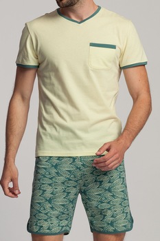 Sofiaman, Pijama scurta slim fit cu imprimeu Gordon, Galben/Verde Sofiaman, Pijama scurta slim fit cu imprimeu Gordon, Galben/Verde